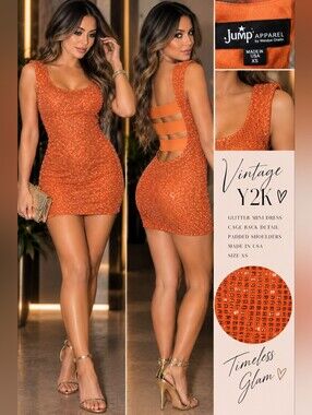 Vintage 90s Y2K Jump Apparel Wendye Chaitin Orange Glitter Cage Back Mini Dress
